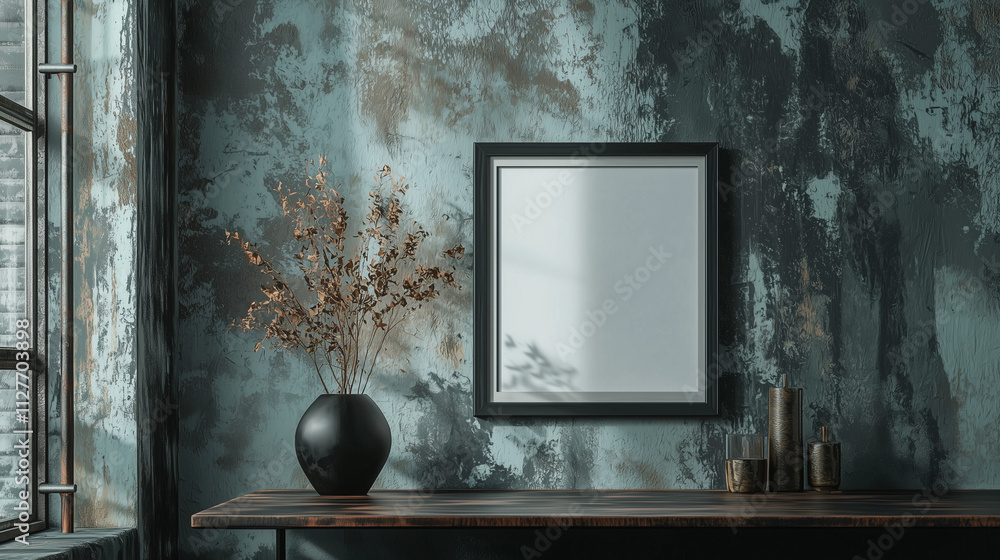 Fototapeta premium Minimalist interior with empty black frame, dried branches in a black vase, rustic wall texture, natural light