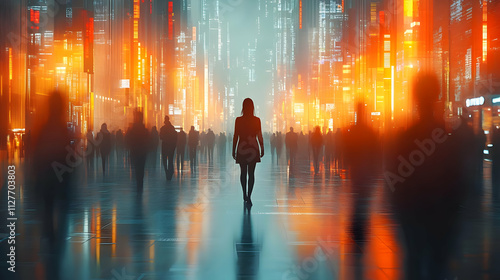 Woman Walks Futuristic Cityscape Neon Lights