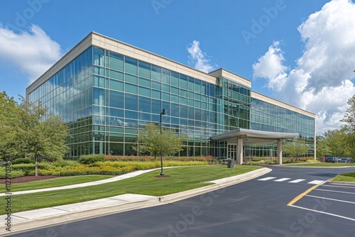 Modern Office Building Exterior with Landscaped Grounds