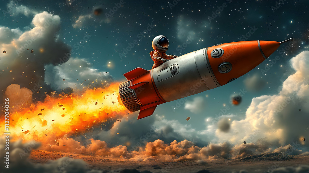 Astronaut Rides Rocket Through Space, Fiery Blastoff, Adventure Astronaut Rides Rocket Through Space, Fiery Blastoff, Adventure