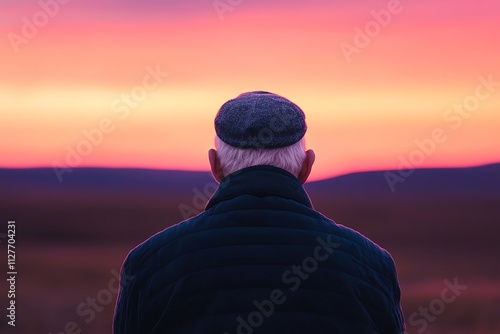 An elderly man gazes at a vibrant sunset, reflecting on life and serene moments.