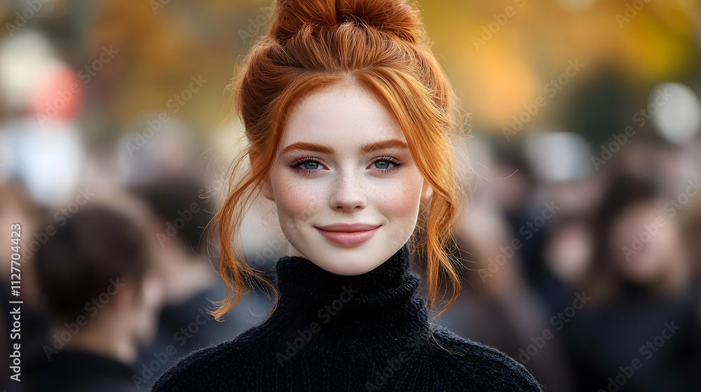 Stunning Redhead Woman Posing Outdoors, Captivating Beauty with Freckles, Autumnal Backdrop Stunning Redhead Woman Posing Outdoors, Captivating Beauty with Freckles, Autumnal Backdrop