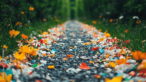 Wallpaper Mural A colorful pathway lined with plastic waste and vibrant flowers amidst nature's beauty. Torontodigital.ca