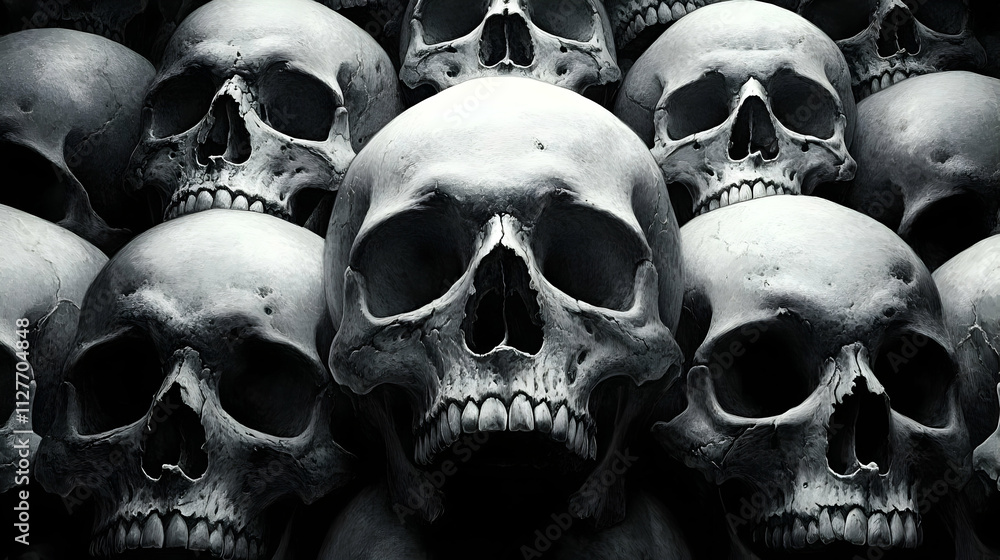 Pile of Skulls: Dark Art, Macabre Imagery, Death Symbolism, Grim Reaper, Mortality, Human Remains, Spooky Halloween, Gothic Aesthetic, Memento Mori, Eerie Still Life Pile of Skulls: Dark Art, Macabre Imagery, Death Symbolism, Grim Reaper, Mortality, Human Remains, Spooky Halloween, Gothic Aesthetic, Memento Mori, Eerie Still Life