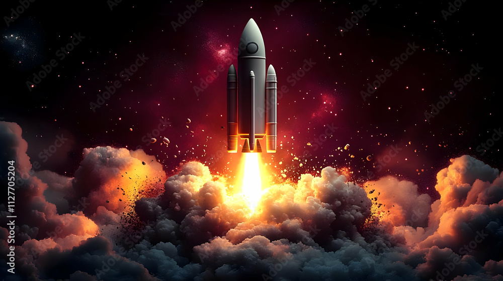 Obraz premium Rocket Launches into Space Through Fiery Clouds