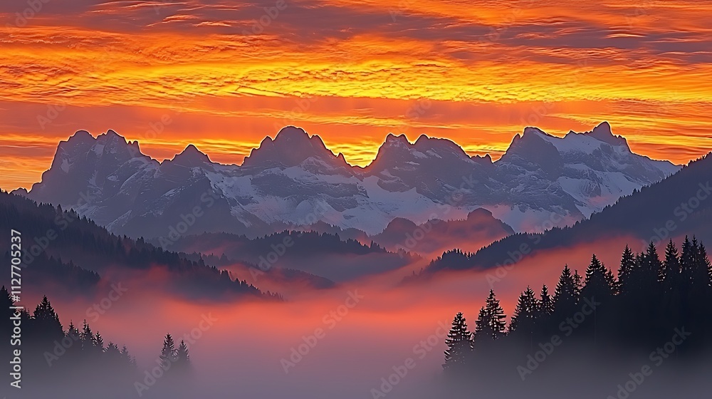 Fiery sunrise paints mountain peaks and valley fog in vibrant orange and purple hues. Fiery sunrise paints mountain peaks and valley fog in vibrant orange and purple hues.