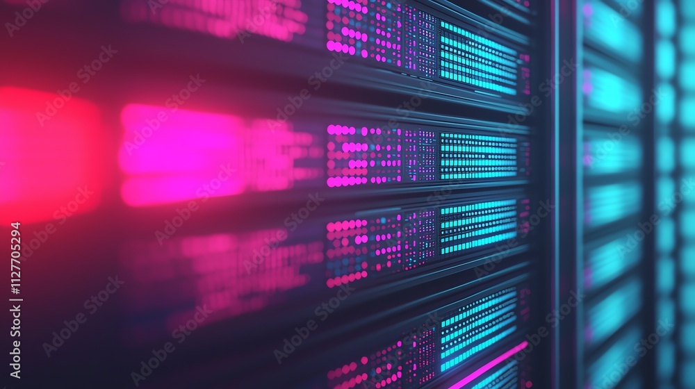 Fototapeta premium Futuristic data center with neon lights and digital screens displaying information.