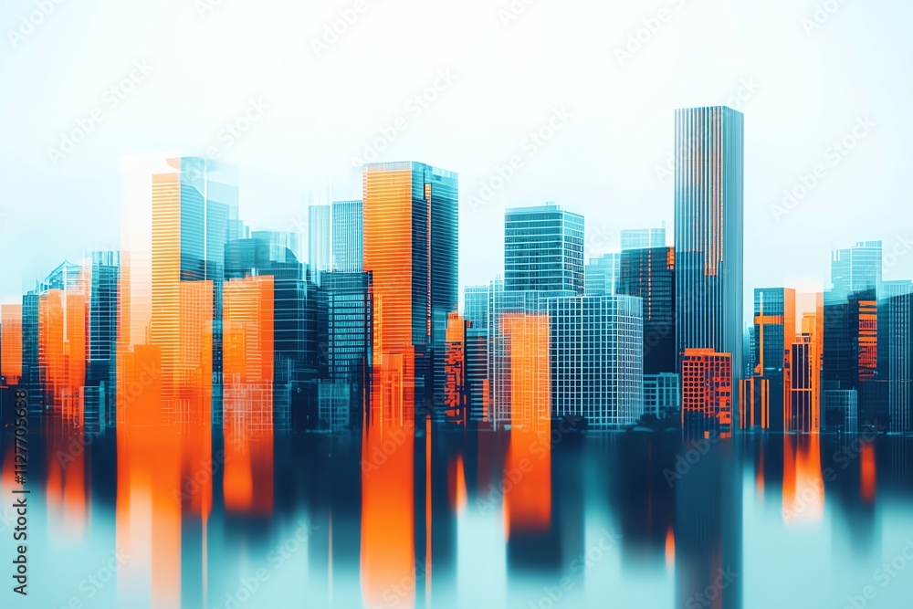 Abstract city skyline with vibrant colors reflecting in water, showcasing modern architecture. Abstract city skyline with vibrant colors reflecting in water, showcasing modern architecture.