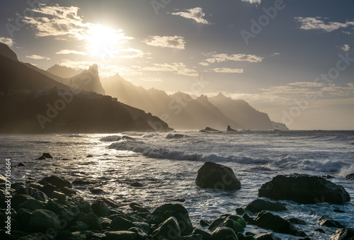 Amazing nature view of Benijo beach during a beautiful sunset. Location: Anaga, Almaciga, Tenerife, Canary Islands. Artistic picture. Beauty world. photo