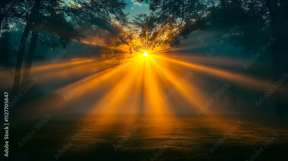 Golden Sunrise Rays Illuminate Misty Forest Golden Sunrise Rays Illuminate Misty Forest
