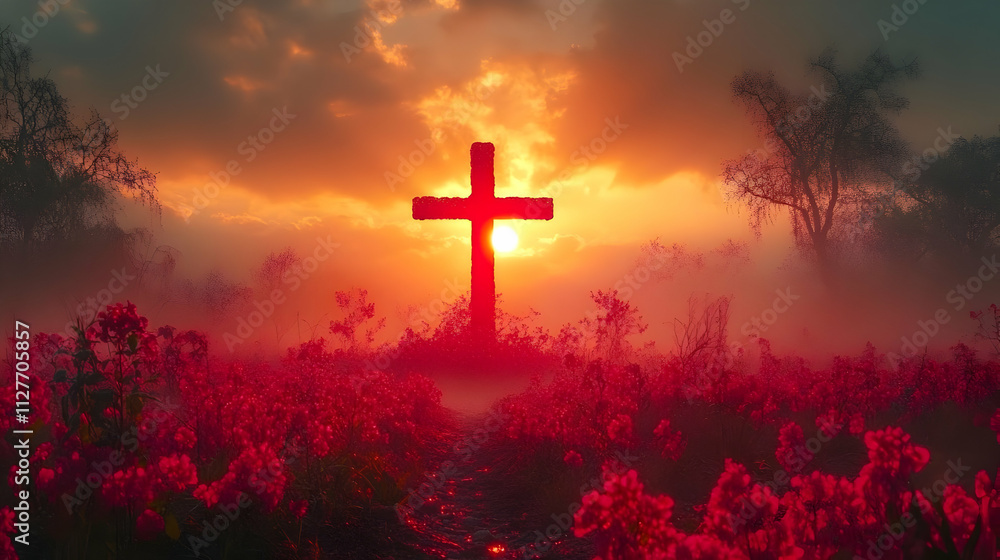 Sunset Cross in Red Flower Field, Peaceful Landscape Sunset Cross in Red Flower Field, Peaceful Landscape