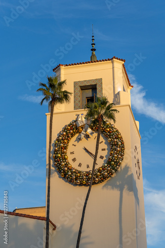 Holiday decorations on Union Station in Los Angeles