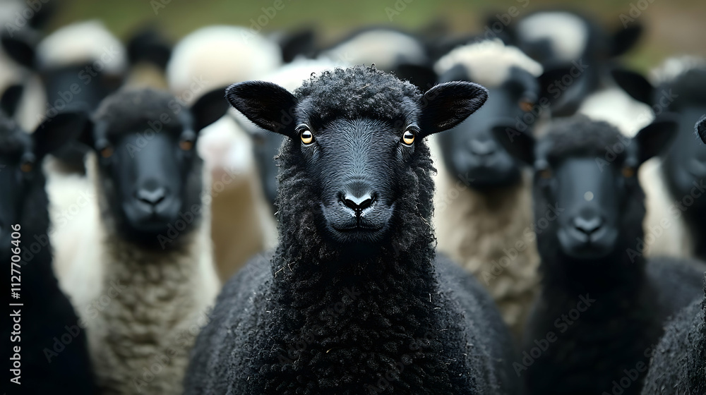 Fototapeta premium Black Sheep: A Flock's Unique Leader Stands Out