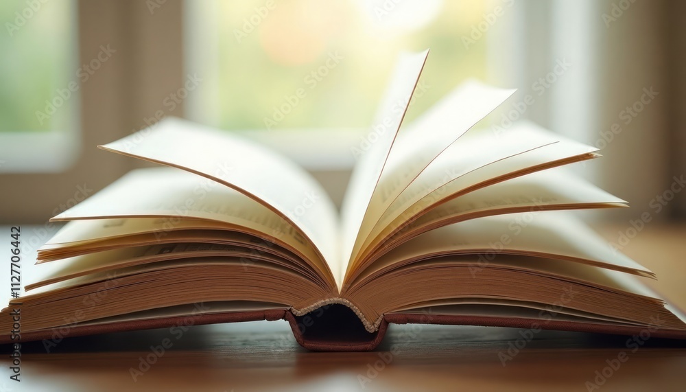 Open book resting on table. Pages spread widely. Light shines on open pages. Book likely hardback collectible. Reading concept. Education concept. Knowledge. Learning. Home library. Reading hobby. Open book resting on table. Pages spread widely. Light shines on open pages. Book likely hardback collectible. Reading concept. Education concept. Knowledge. Learning. Home library. Reading hobby.