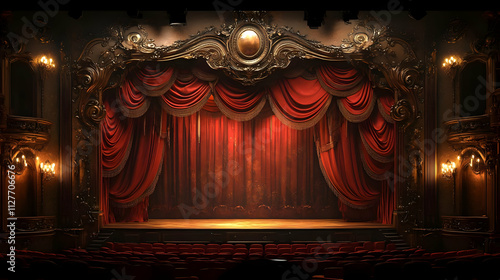 Grand Theater Stage: Velvet Curtains, Ornate Design, Dramatic Setting