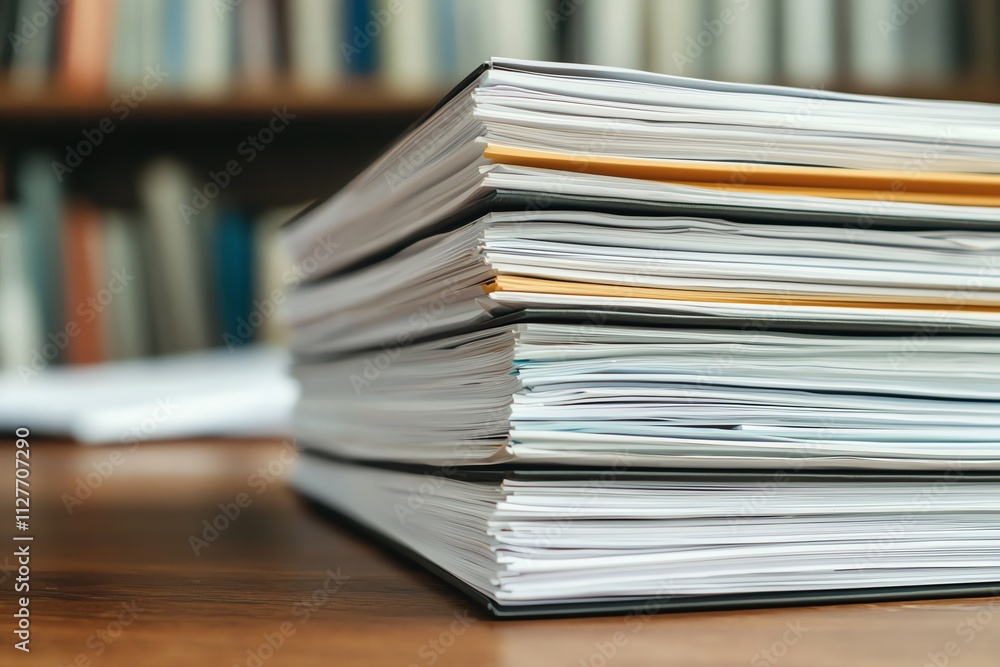 A stack of organized paperwork ready for review in a professional setting. A stack of organized paperwork ready for review in a professional setting.