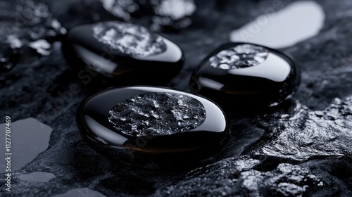 A detailed close-up shot of glossy black obsidian stones with intricate textures, set on a rugged volcanic surface, illuminated by soft natural lighting that enhances their reflective qualities photo