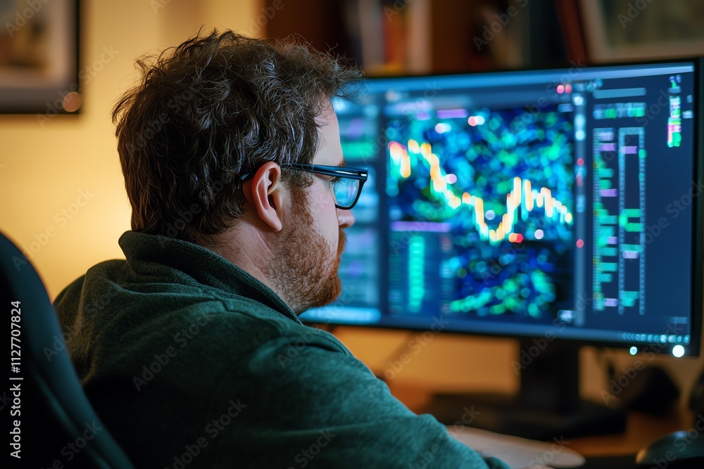 Focused individual analyzing stock market data on a large computer screen. Focused individual analyzing stock market data on a large computer screen.
