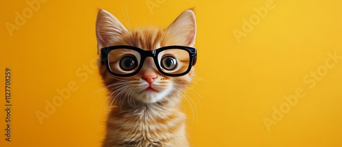 cute cat. A cute orange kitten wearing glasses poses against a bright yellow background, exuding charm and curiosity.