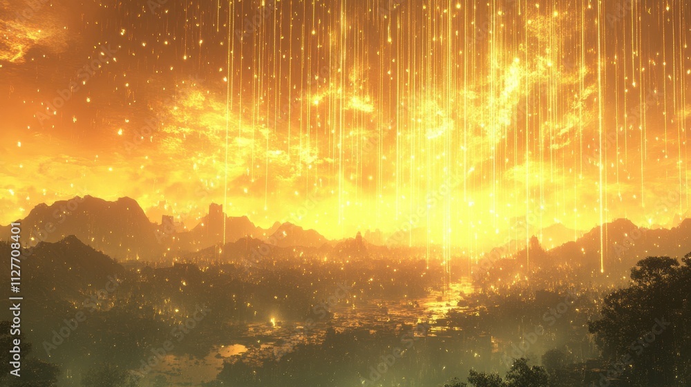 Naklejka premium Golden Rain Over Vast Landscape at Dusk