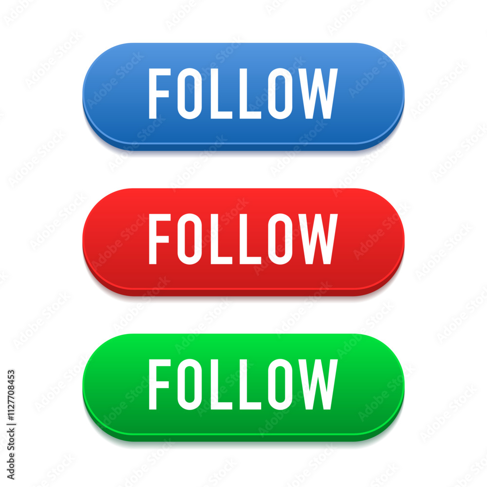 3d social media follow button icon. Set of Follow web buttons. Vector illustration 3d social media follow button icon. Set of Follow web buttons. Vector illustration