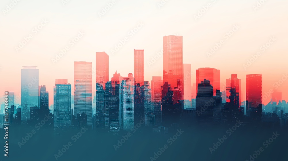Abstract city skyline at sunset, blending colors and shapes for a modern aesthetic. Abstract city skyline at sunset, blending colors and shapes for a modern aesthetic.