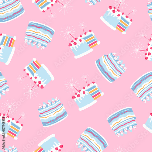 Slika na platnu Lovely birthday pattern design with cakes on pink background