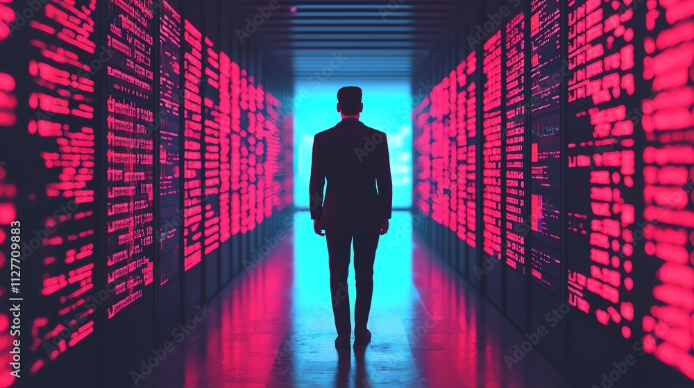 Silhouette of a businessman in a neon-lit digital hallway. Silhouette of a businessman in a neon-lit digital hallway.