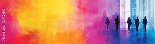 Silhouetted professionals against a colorful abstract background representing teamwork.