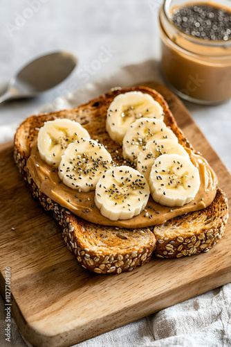 peanut butter, chia seeds, banana slices, healthy snack, wholegrain bread, breakfast toast, nutritious snack, fiber rich, wooden board, protein packed, homemade toast, clean eating, simple garnish