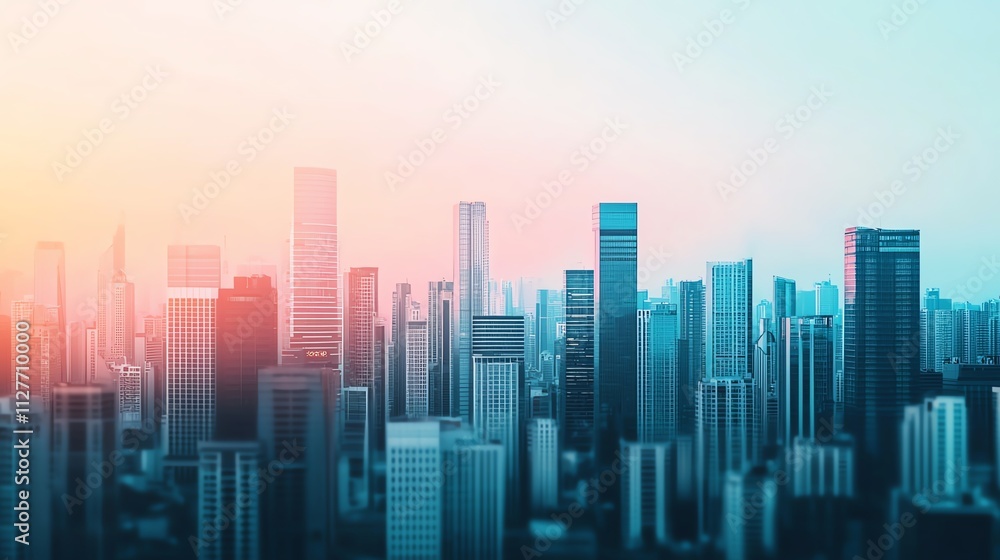 A stunning skyline with modern skyscrapers illuminated by a beautiful sunrise. A stunning skyline with modern skyscrapers illuminated by a beautiful sunrise.