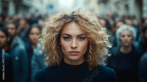 Woman with Curly Hair Stands Out in Crowd