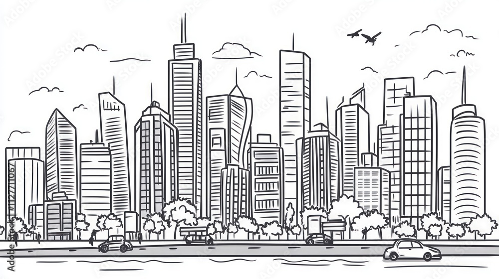 Sketch of a city skyline, cars, trees. Sketch of a city skyline, cars, trees.