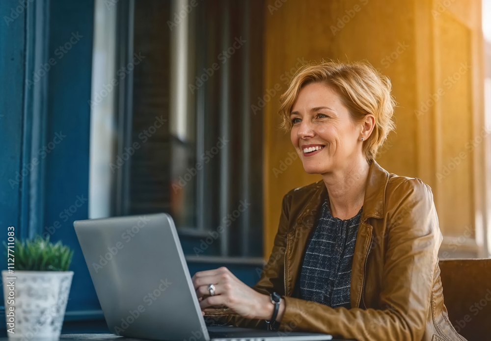 Professional woman working on laptop outdoors in a bright cafe Professional woman working on laptop outdoors in a bright cafe