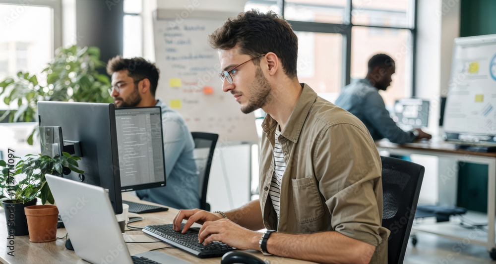 Two young men are focused on their computer screens in a bright, contemporary office. One is typing intently, while the other works on a different task, both engaged in productive activities. Two young men are focused on their computer screens in a bright, contemporary office. One is typing intently, while the other works on a different task, both engaged in productive activities.