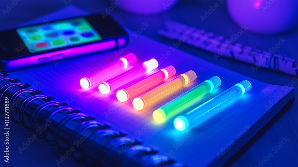Glowing colorful sticks on notebook with phone.