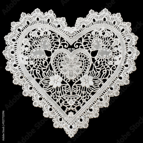 delicate lace heart doily featuring intricate floral patterns, perfect for decoration or as romantic gift. Its elegant design adds charm to any setting