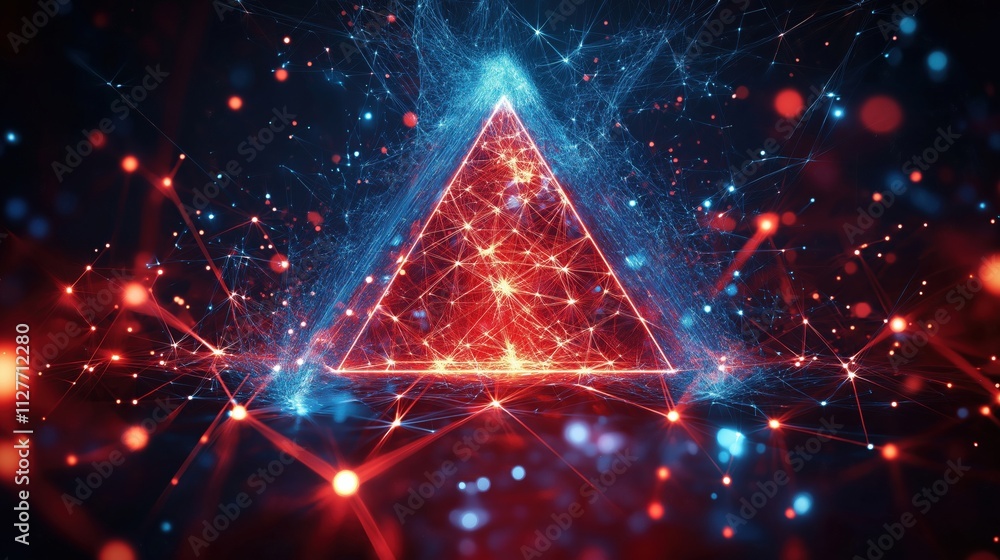A vibrant abstract design featuring a glowing triangle with blue and red lights against a dark background. A vibrant abstract design featuring a glowing triangle with blue and red lights against a dark background.