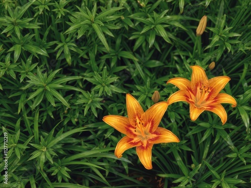 Vibrant orange lily blooming amidst lush green foliage in nature, plant, vibrant