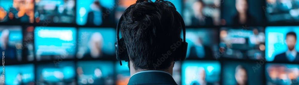 A man wearing headphones observes multiple screens displaying diverse broadcasts. A man wearing headphones observes multiple screens displaying diverse broadcasts.