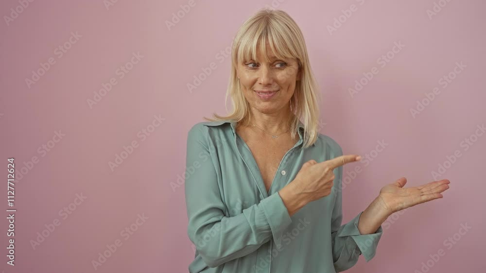 Woman with middle age confidence, blonde lady in shirt standing, presenting hand and smiling, pointing amazed over isolated pink background Woman with middle age confidence, blonde lady in shirt standing, presenting hand and smiling, pointing amazed over isolated pink background