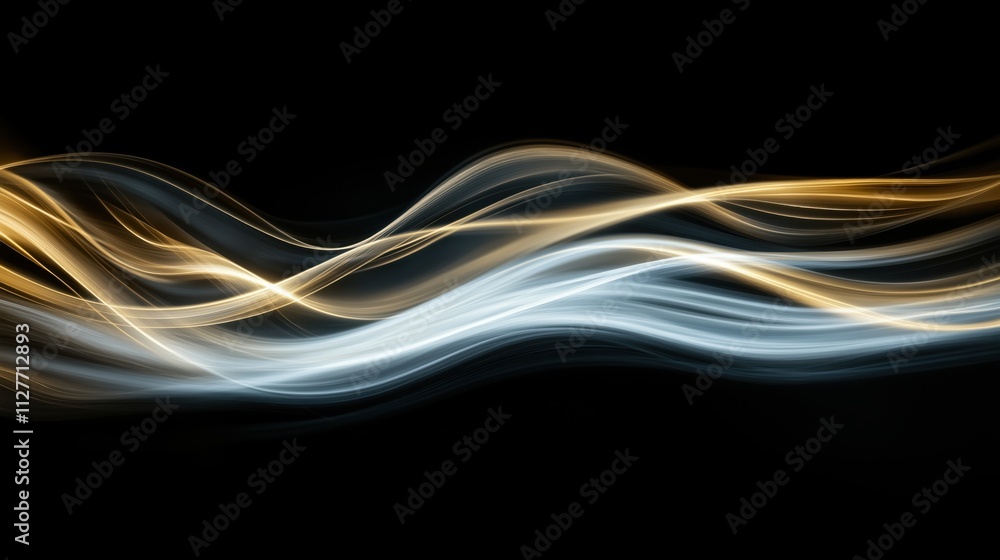 Naklejka premium Smooth flowing lines of gold and blue light on a black background.