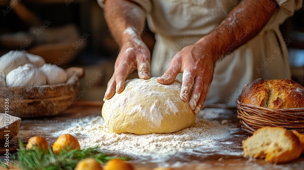 A person kneads dough on a wooden table surrounded by bread and ingredients. A person kneads dough on a wooden table surrounded by bread and ingredients.
