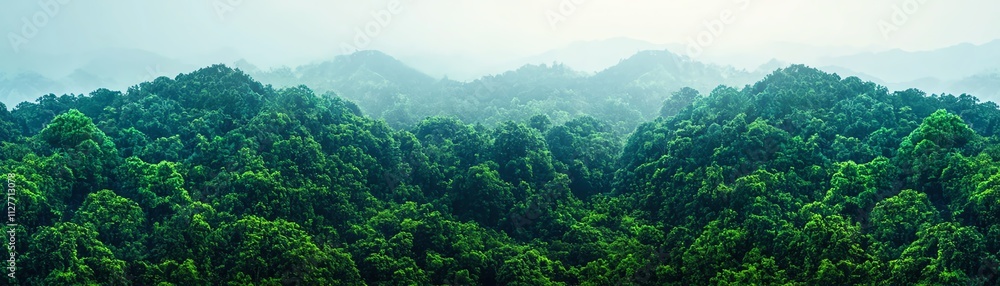 Fototapeta premium Lush green mountains enveloped in mist, showcasing nature's beauty and tranquility.