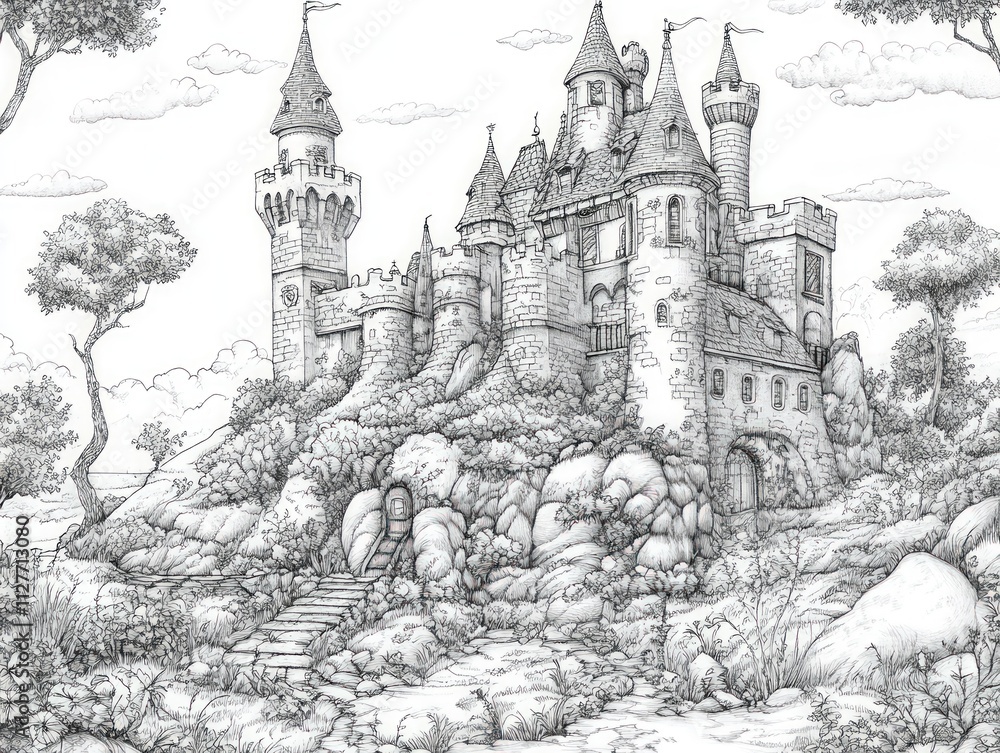Stone castle nestled on a rocky hill, lush greenery. Stone castle nestled on a rocky hill, lush greenery.