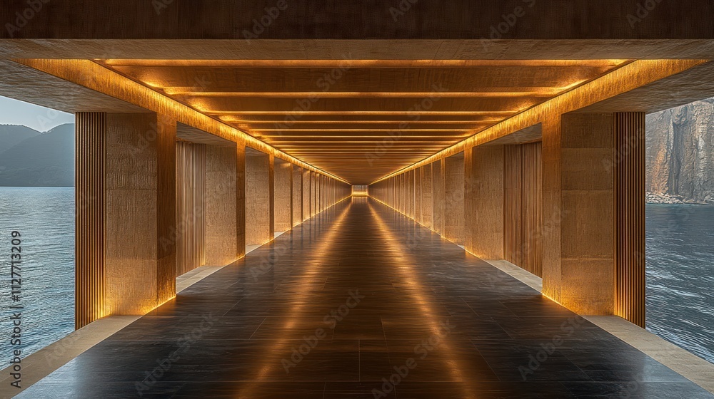 Obraz premium Long, illuminated wooden corridor overlooking tranquil lake.