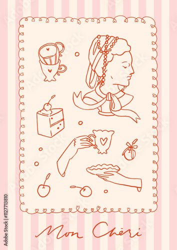 Valentines day girly fun poster, greeting card. Bridgenton style sophisticated tea party invitation. Red, pink coquette core cute romantic vintage illustration. Whimsical retro valentine background 