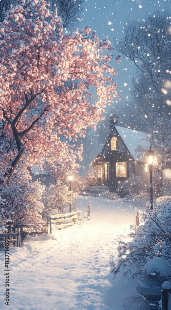 Cozy House in a Snowy Scene with Cherry Blossoms Cozy House in a Snowy Scene with Cherry Blossoms
