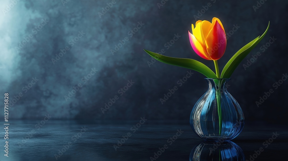 A vibrant yellow and pink tulip in a glass vase against a dark background. A vibrant yellow and pink tulip in a glass vase against a dark background.