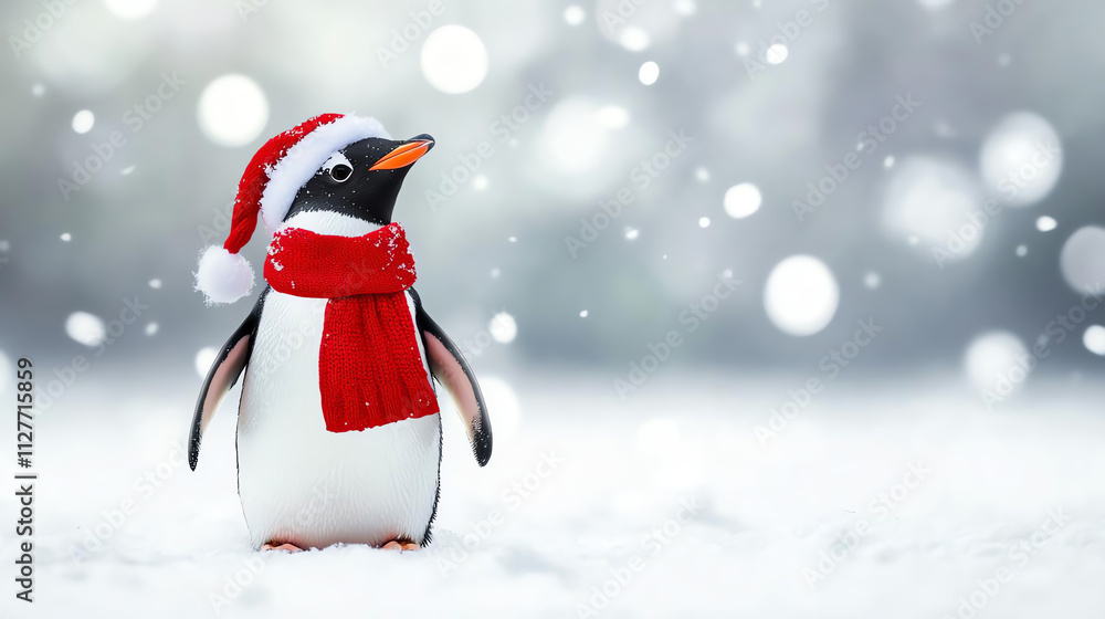 A cheerful penguin wearing a red scarf and Santa hat, standing amidst a snowy landscape with soft falling snowflakes. A cheerful penguin wearing a red scarf and Santa hat, standing amidst a snowy landscape with soft falling snowflakes.